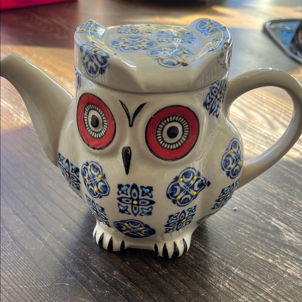 Owl Ceramic Teapot with Blue and Red Accents